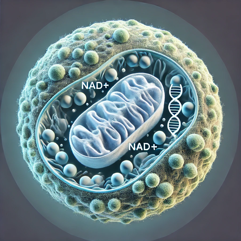 A photo of a cell under a microscope, highlighting the mitochondria and NAD+ function within the cell. The image shows a well-defined cell s