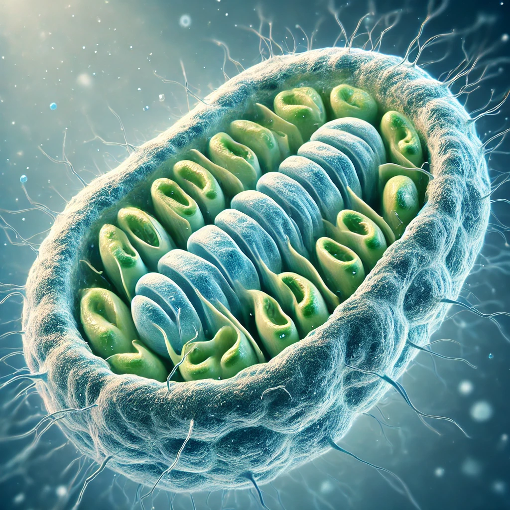 a healthy human cell with well-defined mitochondria, emphasizing their role in energy production